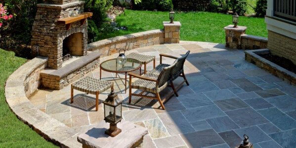 Flagstone Patio with Fireplace & Retaining Walls