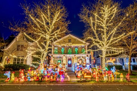 House decked out in Christmas lights. 