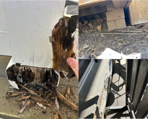 Existing Arlington front porch showing rotted posts, damaged framing and structural issues before renovation